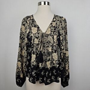 Muse Cropped Babydoll Balloon Sleeve Tassel Tie-Front Floral Paisley Shirt NWT